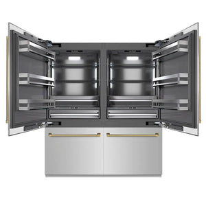 ZLINE Autograph Edition 72 in. 39.6 cu. ft. French Door Built-In Bottom Freezer Refrigerator with Water Dispensers and Ice Makers in Stainless Steel with Graphite Gray Interior and Polished Gold Helix Handles (GRBITZ-30472KG) main image.