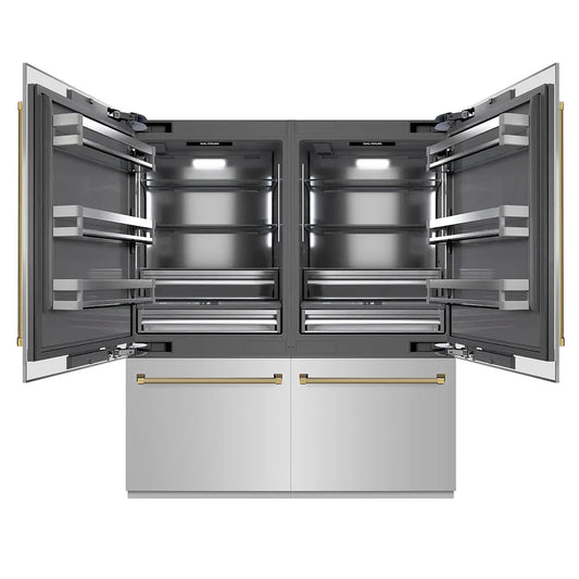 ZLINE Autograph Edition 72 in. 39.6 cu. ft. French Door Built-In Bottom Freezer Refrigerator with Water Dispensers and Ice Makers in Stainless Steel with Graphite Gray Interior and Polished Gold Helix Handles (GRBITZ-30472KG) main image.