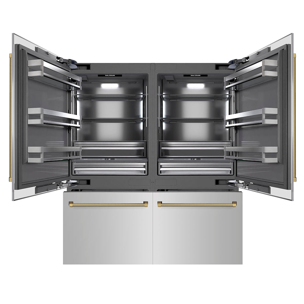 ZLINE Autograph Edition 72 in. 39.6 cu. ft. French Door Built-In Bottom Freezer Refrigerator with Water Dispensers and Ice Makers in Stainless Steel with Graphite Gray Interior and Polished Gold Helix Handles (GRBITZ-30472KG) front, refrigeration compartment and bottom freezer drawer open.