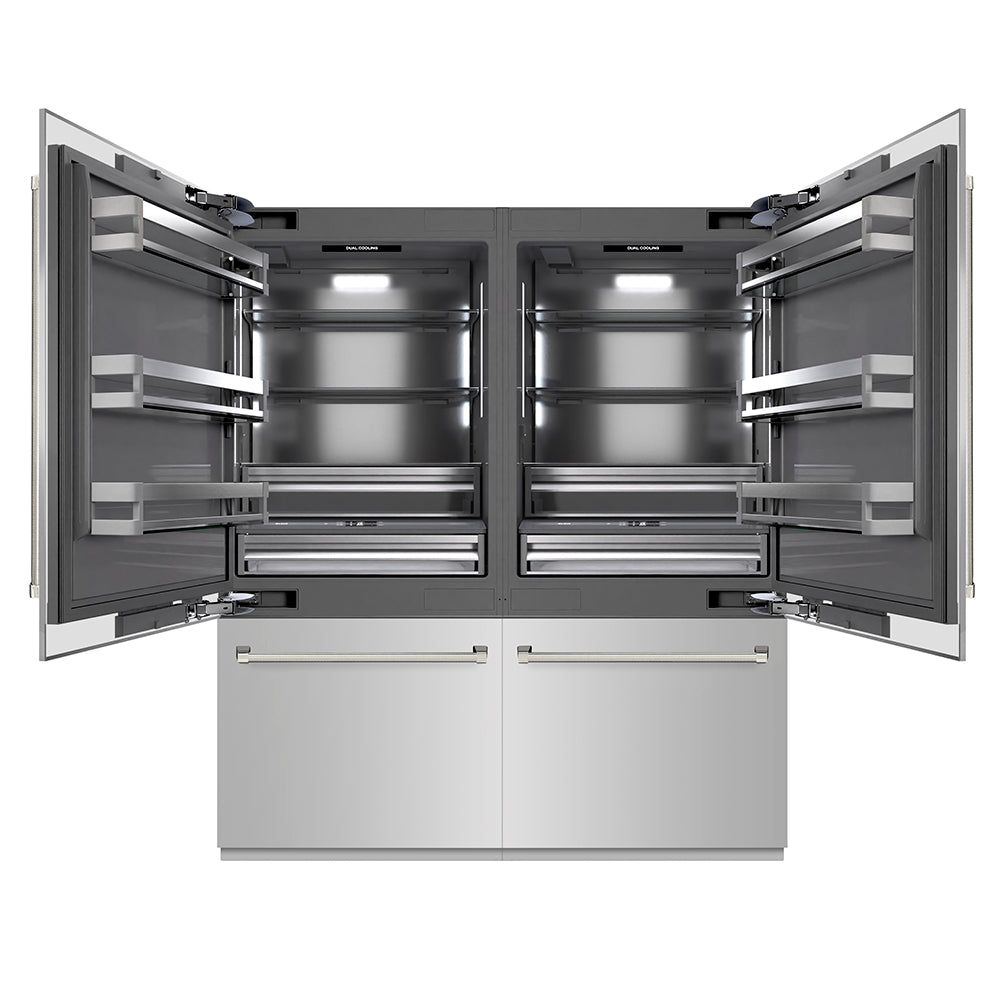 ZLINE Autograph Edition 72 in. 39.6 cu. ft. French Door Built-In Bottom Freezer Refrigerator with Water Dispensers and Ice Makers in Stainless Steel with Graphite Gray Interior and Polished Nickel Helix Handles (GRBITZ-30472KPN) front, open.