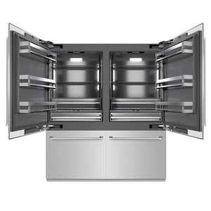 ZLINE Autograph Edition 72 in. 39.6 cu. ft. French Door Built-In Bottom Freezer Refrigerator with Water Dispensers and Ice Makers in Stainless Steel with Graphite Gray Interior and Polished Nickel Helix Handles (GRBITZ-30472KPN) front, open.