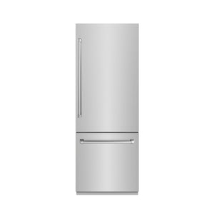 ZLINE 30 in. 16.1 cu. ft. Built-In Bottom Freezer Refrigerator with Water Dispenser and Ice Maker in Stainless Steel with Graphite Gray Interior (GRBIV-304-30) front, closed.