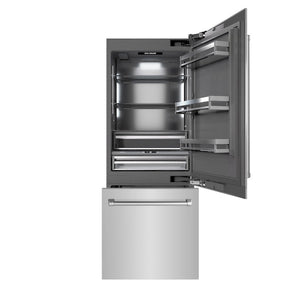 ZLINE 30 in. 16.1 cu. ft. Built-In Bottom Freezer Refrigerator with Water Dispenser and Ice Maker in Stainless Steel with Graphite Gray Interior (GRBIV-304-30) front, open.