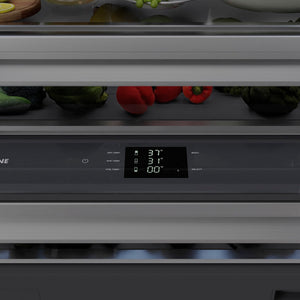 ZLINE 30 in. 16.1 cu. ft. Built-In Bottom Freezer Refrigerator with Water Dispenser and Ice Maker in Stainless Steel with Graphite Gray Interior (GRBIV-304-30) close-up, touch panel controls and display.