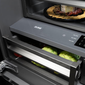 ZLINE 36 in. 19.6 cu. ft. French Door Built-In Bottom Freezer Refrigerator with Water Dispenser and Ice Maker in Stainless Steel with Graphite Gray Interior (GRBIV-304-36) flex drawer detail.
