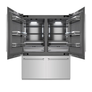 ZLINE 60 in. 32.2 cu. ft. French Door Built-In Bottom Freezer Refrigerator with Water Dispensers and Ice Makers in Stainless Steel with Graphite Gray Interior (GRBIV-304-60) front, open.