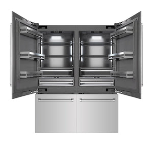 ZLINE 60 in. 32.2 cu. ft. French Door Built-In Bottom Freezer Refrigerator with Water Dispensers and Ice Makers in Stainless Steel with Graphite Gray Interior (GRBIV-304-60) front, open.