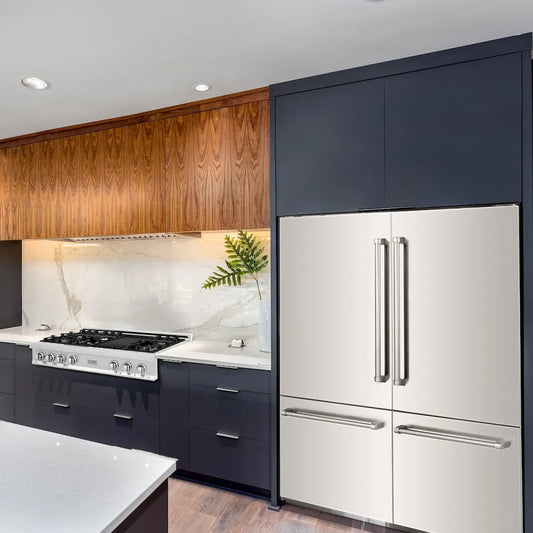 ZLINE 60 in. 32.2 cu. ft. French Door Built-In Bottom Freezer Refrigerator with Water Dispensers and Ice Makers in Stainless Steel with Graphite Gray Interior (GRBIV-304-60) lifestyle, in a luxury kitchen.