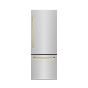 ZLINE Autograph Edition 30 in. 16.1 cu. ft. Built-In Bottom Freezer Refrigerator with Water Dispenser and Ice Maker in Stainless Steel with Graphite Gray Interior and Champagne Bronze Accents (GRBIVZ-304-30CB) front, closed.