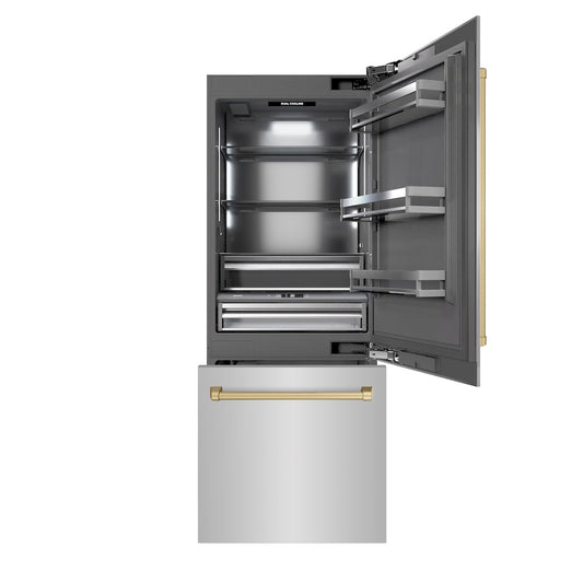 ZLINE Autograph Edition 30 in. 16.1 cu. ft. Built-In Bottom Freezer Refrigerator with Water Dispenser and Ice Maker in Stainless Steel with Graphite Gray Interior and Champagne Bronze Accents (GRBIVZ-304-30CB) front, open.
