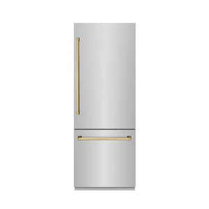 ZLINE Autograph Edition 30 in. 16.1 cu. ft. Built-In Bottom Freezer Refrigerator with Water Dispenser and Ice Maker in Stainless Steel with Graphite Gray Interior and Polished Gold Accents (GRBIVZ-304-30G) front, closed.