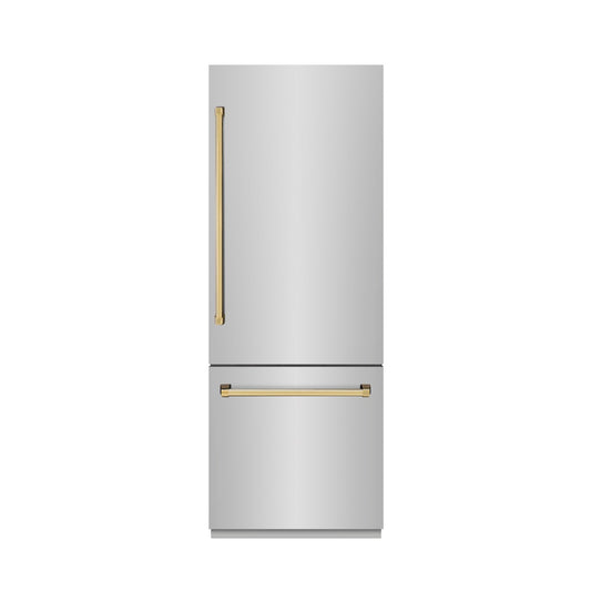 ZLINE Autograph Edition 30 in. 16.1 cu. ft. Built-In Bottom Freezer Refrigerator with Water Dispenser and Ice Maker in Stainless Steel with Graphite Gray Interior and Polished Gold Accents (GRBIVZ-304-30G) front, closed.