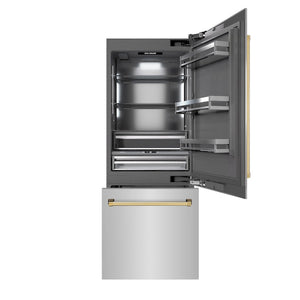 ZLINE Autograph Edition 30 in. 16.1 cu. ft. Built-In Bottom Freezer Refrigerator with Water Dispenser and Ice Maker in Stainless Steel with Graphite Gray Interior and Polished Gold Accents (GRBIVZ-304-30G) front, open.