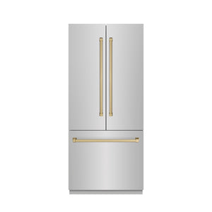 ZLINE Autograph Edition 36 in. 19.6 cu. ft. French Door Built-In Bottom Freezer Refrigerator with Water Dispenser and Ice Maker in Stainless Steel with Graphite Gray Interior and Champagne Bronze Accents (GRBIVZ-304-36CB) front, closed.