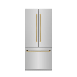 ZLINE Autograph Edition 36 in. 19.6 cu. ft. French Door Built-In Bottom Freezer Refrigerator with Water Dispenser and Ice Maker in Stainless Steel with Graphite Gray Interior and Polished Gold Accents (GRBIVZ-304-36G) front, closed.