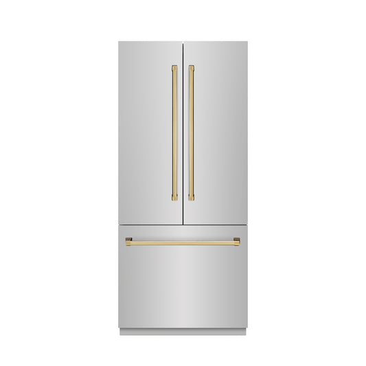 ZLINE Autograph Edition 36 in. 19.6 cu. ft. French Door Built-In Bottom Freezer Refrigerator with Water Dispenser and Ice Maker in Stainless Steel with Graphite Gray Interior and Polished Gold Accents (GRBIVZ-304-36G) front, closed.