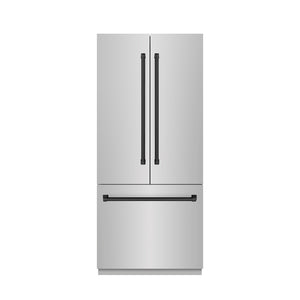 ZLINE Autograph Edition 36 in. 19.6 cu. ft. French Door Built-In Bottom Freezer Refrigerator with Water Dispenser and Ice Maker in Stainless Steel with Graphite Gray Interior and Matte Black Accents (GRBIVZ-304-36MB) front, closed.