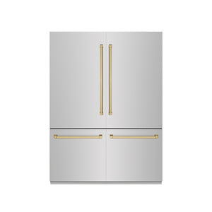 ZLINE Autograph Edition 60 in. 32.2 cu. ft. French Door Built-In Bottom Freezer Refrigerator with Water Dispenser and Ice Maker in Stainless Steel with Graphite Gray Interior and Champagne Bronze Accents (GRBIVZ-304-60CB) front, closed.
