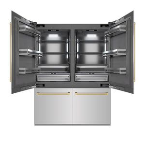 ZLINE Autograph Edition 60 in. 32.2 cu. ft. French Door Built-In Bottom Freezer Refrigerator with Water Dispenser and Ice Maker in Stainless Steel with Graphite Gray Interior and Champagne Bronze Accents (GRBIVZ-304-60CB) front, open.