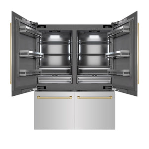ZLINE Autograph Edition 60 in. 32.2 cu. ft. French Door Built-In Bottom Freezer Refrigerator with Water Dispenser and Ice Maker in Stainless Steel with Graphite Gray Interior and Champagne Bronze Accents (GRBIVZ-304-60CB) front, open.