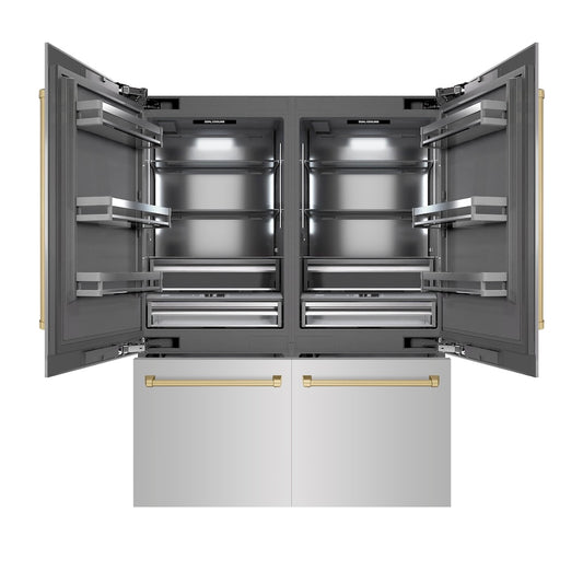 ZLINE Autograph Edition 60 in. 32.2 cu. ft. French Door Built-In Bottom Freezer Refrigerator with Water Dispenser and Ice Maker in Stainless Steel with Graphite Gray Interior and Champagne Bronze Accents (GRBIVZ-304-60CB) front, open.