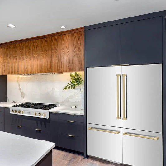 ZLINE Autograph Edition 60 in. 32.2 cu. ft. French Door Built-In Bottom Freezer Refrigerator with Water Dispenser and Ice Maker in Stainless Steel with Graphite Gray Interior and Champagne Bronze Accents (GRBIVZ-304-60CB) lifestyle, in a luxury kitchen.