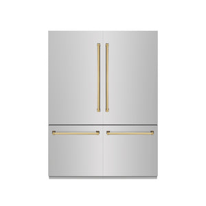 ZLINE Autograph Edition 60 in. 32.2 cu. ft. French Door Built-In Bottom Freezer Refrigerator with Water Dispenser and Ice Maker in Stainless Steel with Graphite Gray Interior and Polished Gold Accents (GRBIVZ-304-60G) front, closed.