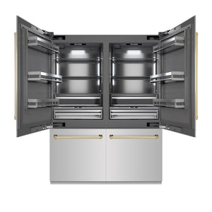 ZLINE Autograph Edition 60 in. 32.2 cu. ft. French Door Built-In Bottom Freezer Refrigerator with Water Dispenser and Ice Maker in Stainless Steel with Graphite Gray Interior and Polished Gold Accents (GRBIVZ-304-60G) front, open.