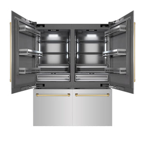 ZLINE Autograph Edition 60 in. 32.2 cu. ft. French Door Built-In Bottom Freezer Refrigerator with Water Dispenser and Ice Maker in Stainless Steel with Graphite Gray Interior and Polished Gold Accents (GRBIVZ-304-60G) front, open.