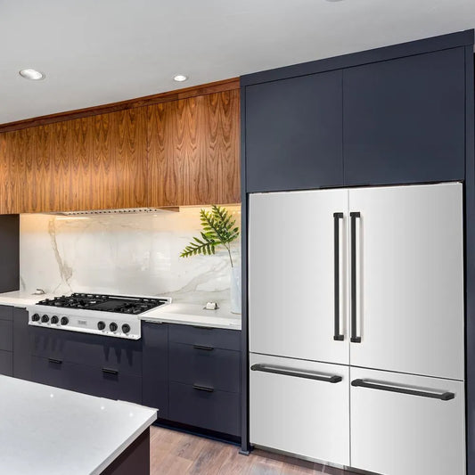 ZLINE Autograph Edition 60 in. 32.2 cu. ft. French Door Built-In Bottom Freezer Refrigerator with Water Dispenser and Ice Maker in Stainless Steel with Graphite Gray Interior and Matte Black Accents (GRBIVZ-304-60MB) lifestyle, in a luxury kitchen.