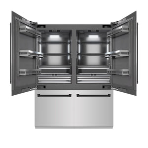 ZLINE Autograph Edition 60 in. 32.2 cu. ft. French Door Built-In Bottom Freezer Refrigerator with Water Dispenser and Ice Maker in Stainless Steel with Graphite Gray Interior and Matte Black Accents (GRBIVZ-304-60MB) front, open.