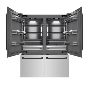 ZLINE Autograph Edition 60 in. 32.2 cu. ft. French Door Built-In Bottom Freezer Refrigerator with Water Dispenser and Ice Maker in Stainless Steel with Graphite Gray Interior and Matte Black Accents (GRBIVZ-304-60MB) front, open.