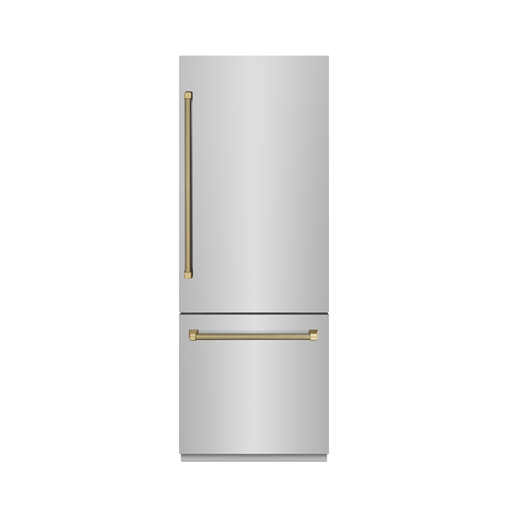 ZLINE Autograph Edition 30 in. 16.1 cu. ft. Built-In Bottom Freezer Refrigerator with Water Dispenser and Ice Maker in Stainless Steel with Graphite Gray Interior and Champagne Bronze Helix Handles (GRBIVZ-30430KCB) front, closed.