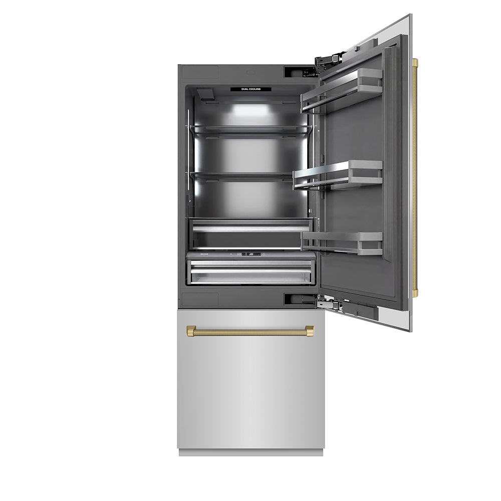ZLINE Autograph Edition 30 in. 16.1 cu. ft. Built-In Bottom Freezer Refrigerator with Water Dispenser and Ice Maker in Stainless Steel with Graphite Gray Interior and Champagne Bronze Helix Handles (GRBIVZ-30430KCB) front, open.