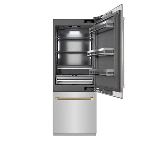 ZLINE Autograph Edition 30 in. 16.1 cu. ft. Built-In Bottom Freezer Refrigerator with Water Dispenser and Ice Maker in Stainless Steel with Graphite Gray Interior and Champagne Bronze Helix Handles (GRBIVZ-30430KCB) front, open.