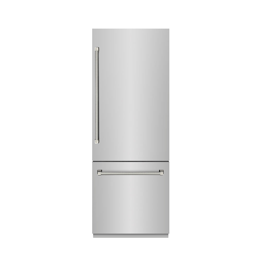 ZLINE Autograph Edition 30 in. 16.1 cu. ft. Built-In Bottom Freezer Refrigerator with Water Dispenser and Ice Maker in Stainless Steel with Graphite Gray Interior and Polished Nickel Helix Handles (GRBIVZ-30430KPN) front, closed.