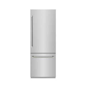 ZLINE Autograph Edition 30 in. 16.1 cu. ft. Built-In Bottom Freezer Refrigerator with Water Dispenser and Ice Maker in Stainless Steel with Graphite Gray Interior and Polished Nickel Helix Handles (GRBIVZ-30430KPN) front, closed.