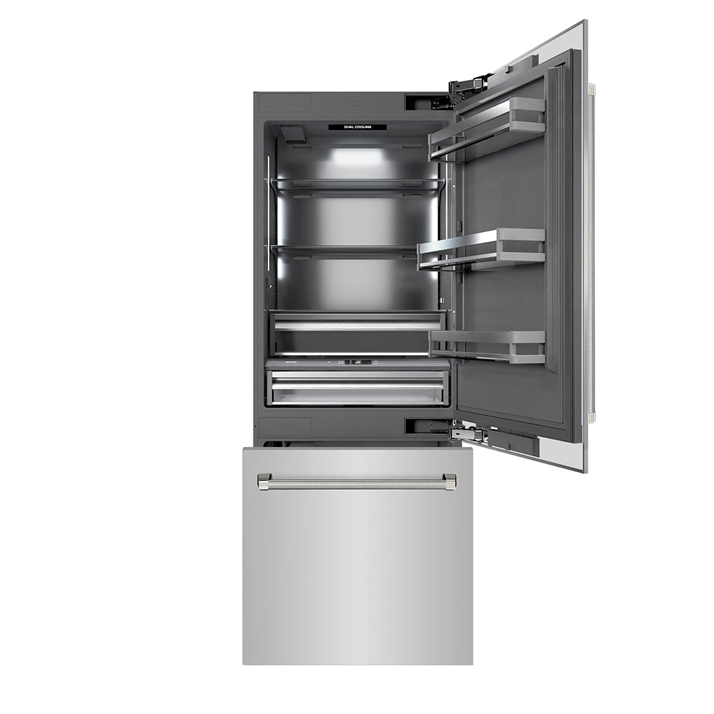 ZLINE Autograph Edition 30 in. 16.1 cu. ft. Built-In Bottom Freezer Refrigerator with Water Dispenser and Ice Maker in Stainless Steel with Graphite Gray Interior and Polished Nickel Helix Handles (GRBIVZ-30430KPN) front, refrigeration compartment and bottom freezer drawer open.