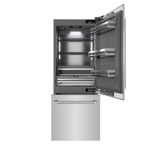 ZLINE Autograph Edition 30 in. 16.1 cu. ft. Built-In Bottom Freezer Refrigerator with Water Dispenser and Ice Maker in Stainless Steel with Graphite Gray Interior and Polished Nickel Helix Handles (GRBIVZ-30430KPN) front, refrigeration compartment and bottom freezer drawer open.