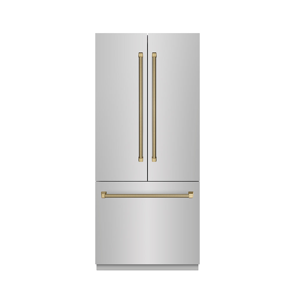 ZLINE Autograph Edition 36 in. 19.6 cu. ft. French Door Built-In Bottom Freezer Refrigerator with Water Dispenser and Ice Maker in Stainless Steel with Graphite Gray Interior and Champagne Bronze Helix Handles (GRBIVZ-30436KCB) front, closed.