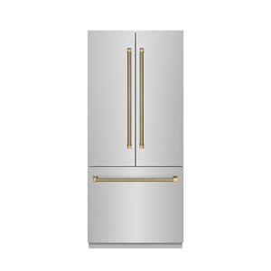 ZLINE Autograph Edition 36 in. 19.6 cu. ft. French Door Built-In Bottom Freezer Refrigerator with Water Dispenser and Ice Maker in Stainless Steel with Graphite Gray Interior and Champagne Bronze Helix Handles (GRBIVZ-30436KCB) front, closed.