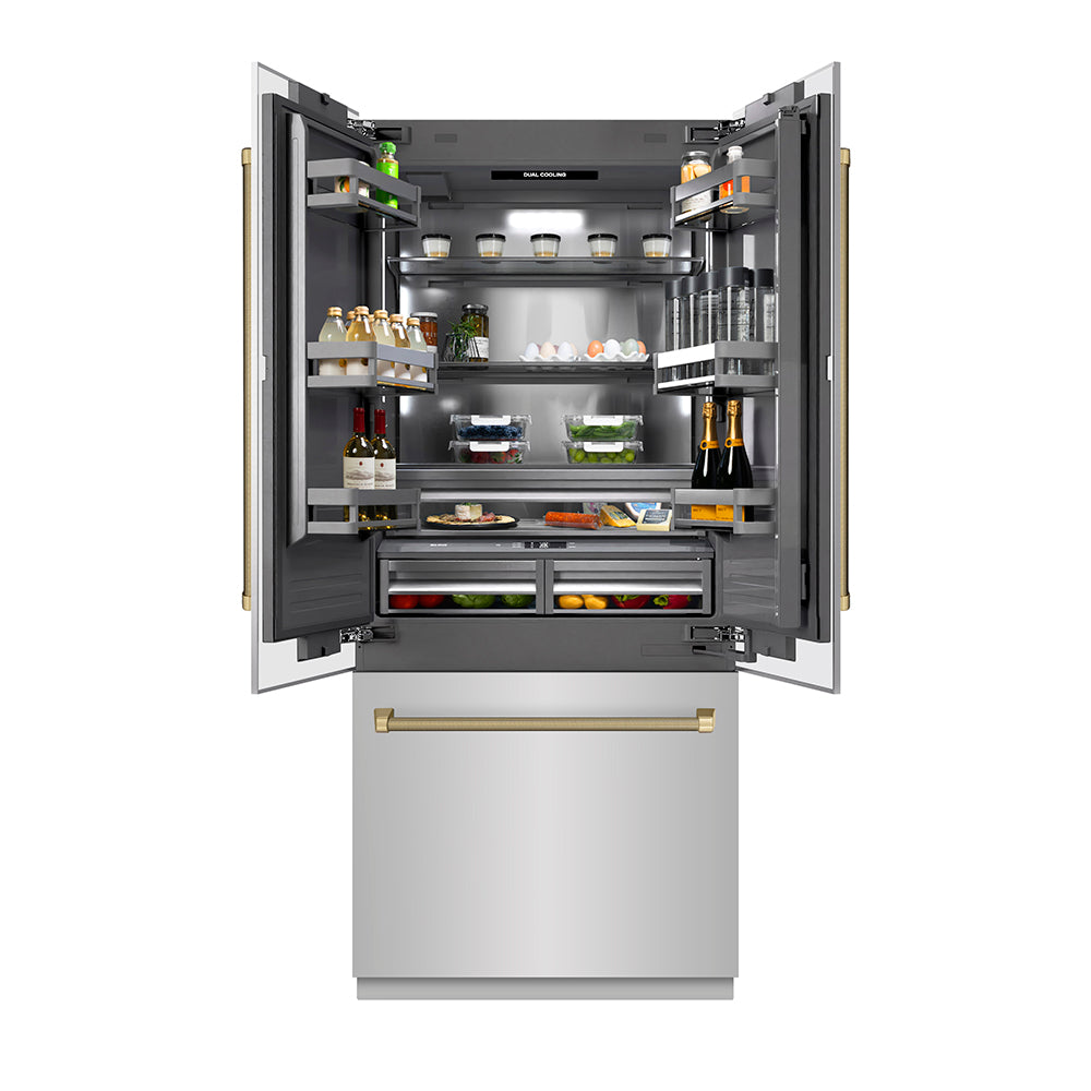 ZLINE Autograph Edition 36 in. 19.6 cu. ft. French Door Built-In Bottom Freezer Refrigerator with Water Dispenser and Ice Maker in Stainless Steel with Graphite Gray Interior and Champagne Bronze Helix Handles (GRBIVZ-30436KCB) front, open.