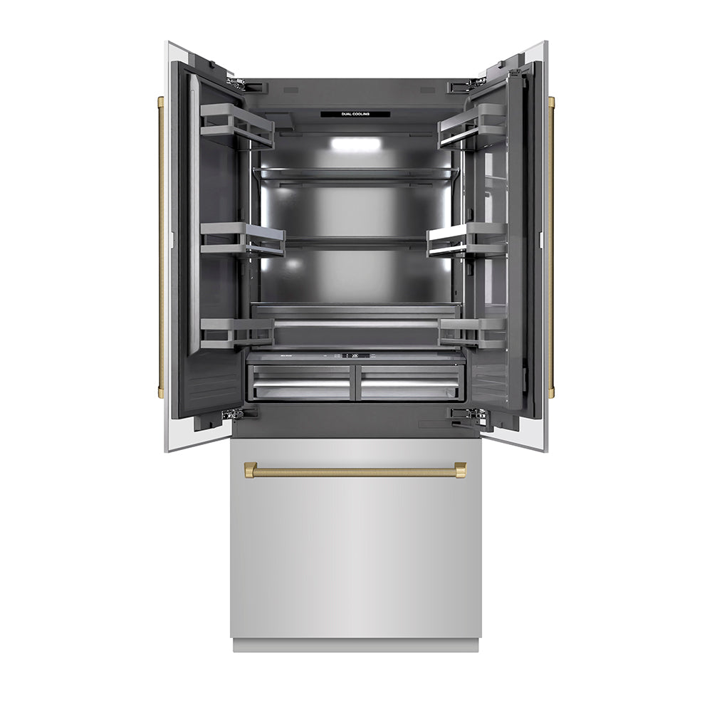 ZLINE Autograph Edition 36 in. 19.6 cu. ft. French Door Built-In Bottom Freezer Refrigerator with Water Dispenser and Ice Maker in Stainless Steel with Graphite Gray Interior and Champagne Bronze Helix Handles (GRBIVZ-30436KCB) front, open.