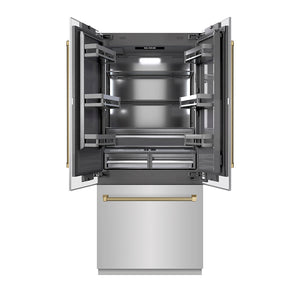 ZLINE Autograph Edition 36 in. 19.6 cu. ft. French Door Built-In Bottom Freezer Refrigerator with Water Dispenser and Ice Maker in Stainless Steel with Graphite Gray Interior and Champagne Bronze Helix Handles (GRBIVZ-30436KCB) front, open.