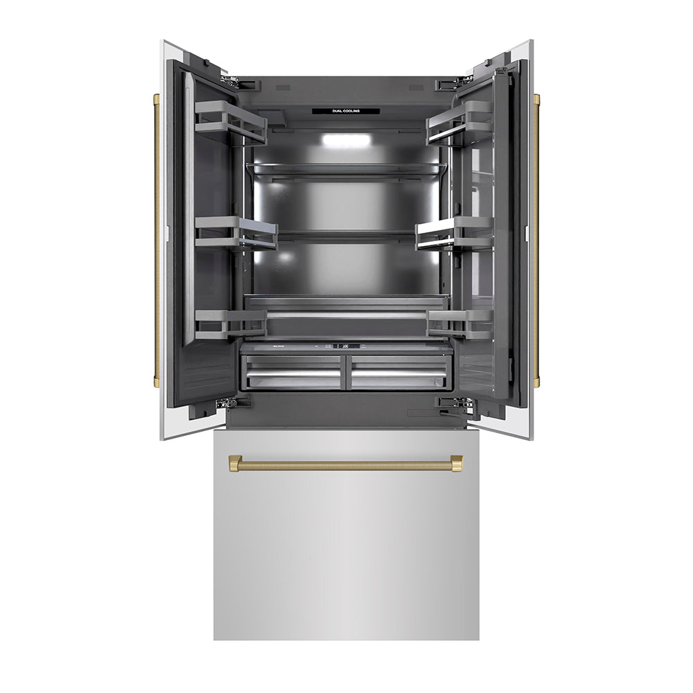 ZLINE Autograph Edition 36 in. 19.6 cu. ft. French Door Built-In Bottom Freezer Refrigerator with Water Dispenser and Ice Maker in Stainless Steel with Graphite Gray Interior and Champagne Bronze Helix Handles (GRBIVZ-30436KCB)