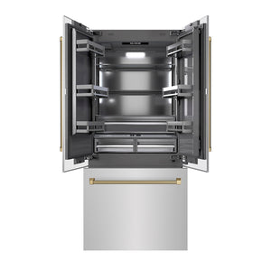 ZLINE Autograph Edition 36 in. 19.6 cu. ft. French Door Built-In Bottom Freezer Refrigerator with Water Dispenser and Ice Maker in Stainless Steel with Graphite Gray Interior and Champagne Bronze Helix Handles (GRBIVZ-30436KCB)