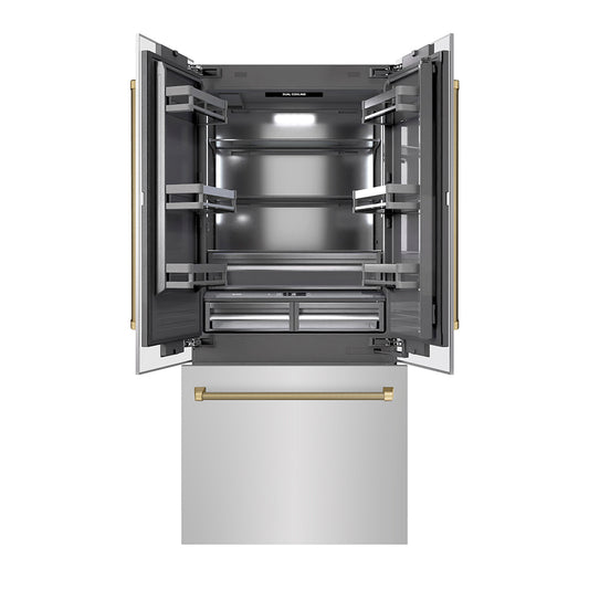 ZLINE Autograph Edition 36 in. 19.6 cu. ft. French Door Built-In Bottom Freezer Refrigerator with Water Dispenser and Ice Maker in Stainless Steel with Graphite Gray Interior and Champagne Bronze Helix Handles (GRBIVZ-30436KCB)