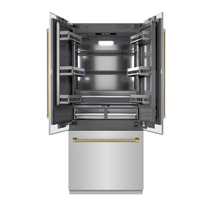 ZLINE Autograph Edition 36 in. 19.6 cu. ft. French Door Built-In Bottom Freezer Refrigerator with Water Dispenser and Ice Maker in Stainless Steel with Graphite Gray Interior and Polished Gold Helix Handles (GRBIVZ-30436KG)