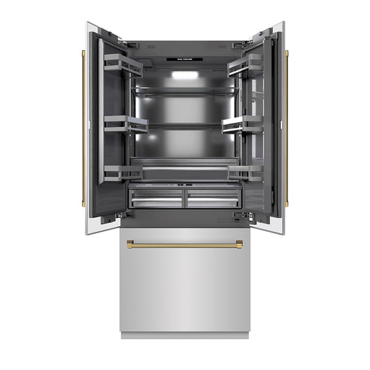ZLINE Autograph Edition 36 in. 19.6 cu. ft. French Door Built-In Bottom Freezer Refrigerator with Water Dispenser and Ice Maker in Stainless Steel with Graphite Gray Interior and Polished Gold Helix Handles (GRBIVZ-30436KG)