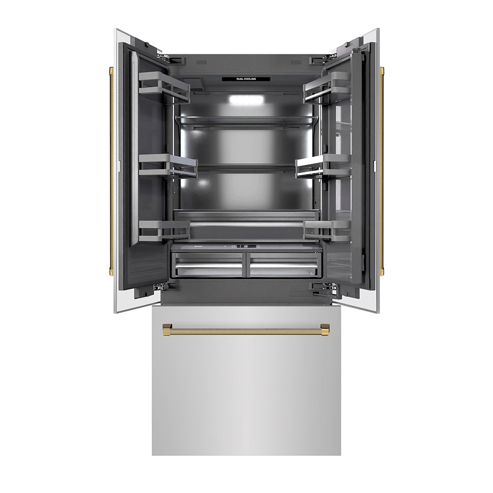ZLINE Autograph Edition 36 in. 19.6 cu. ft. French Door Built-In Bottom Freezer Refrigerator with Water Dispenser and Ice Maker in Stainless Steel with Graphite Gray Interior and Polished Gold Helix Handles (GRBIVZ-30436KG) front, refrigeration compartment and bottom freezer drawer open.